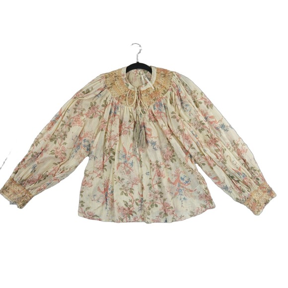 Anthropologie Blouse Women's Size Large Floral Smocked Lurex Peasant Top - Picture 2 of 7